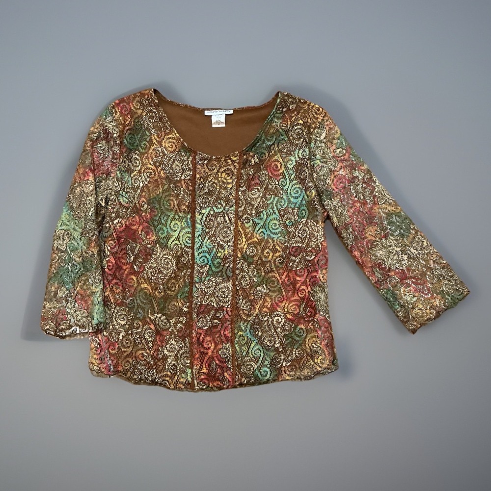 Michelle Michelle Brown Floral Lace‎ 3/4 Sleeve Sheer Top Blouse Medium